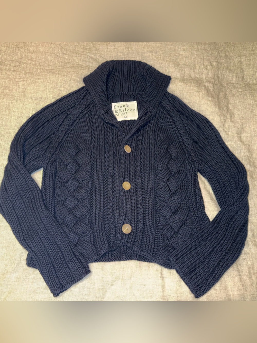 $598 Frank & Eileen Cable Knit Cotswold horn Button Cardigan in navy Blue - Picture 7 of 13